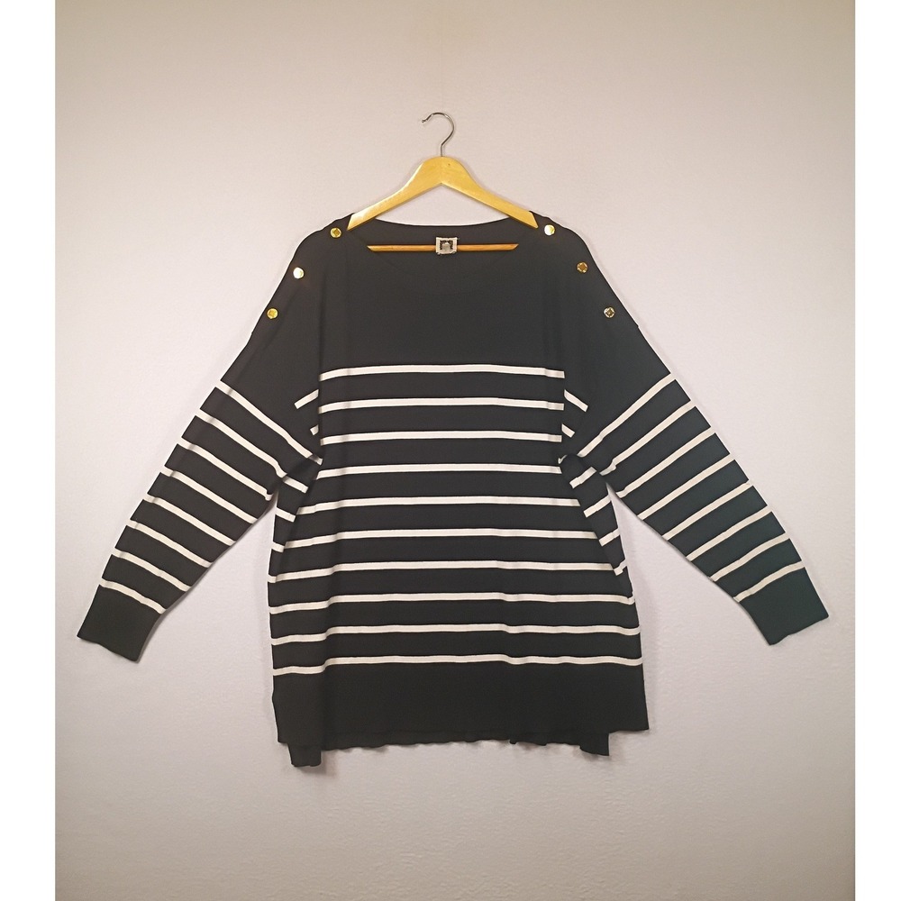 Nautical Chic Anne Klein Womens XL Black White Striped Button Shoulder Tunic